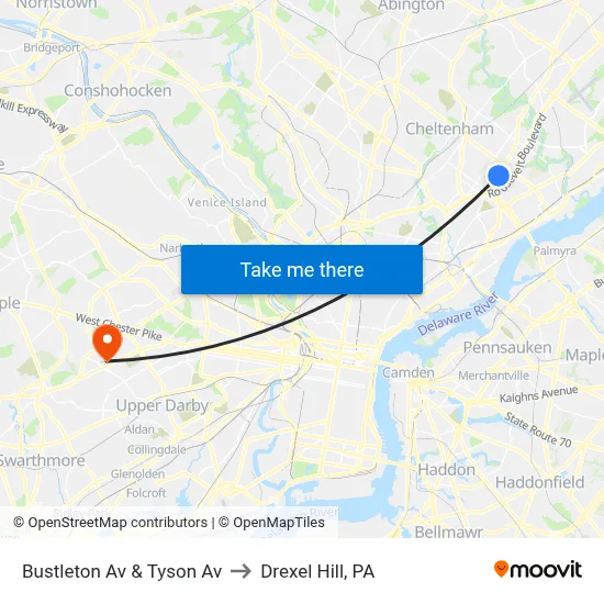 Bustleton Av & Tyson Av to Drexel Hill, PA map
