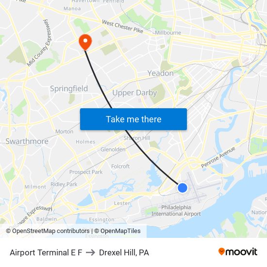 Airport Terminal E F to Drexel Hill, PA map