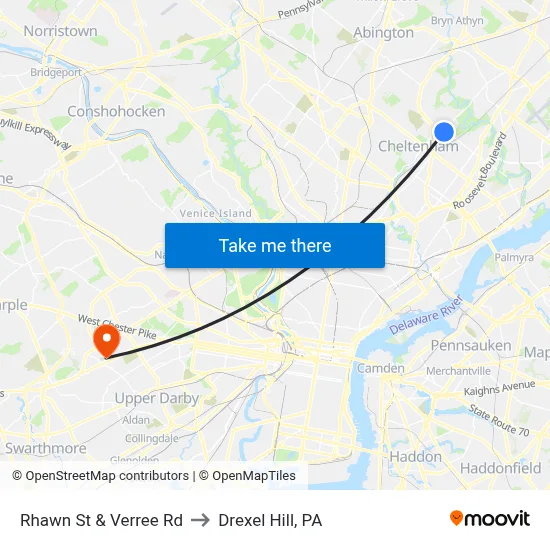 Rhawn St & Verree Rd to Drexel Hill, PA map