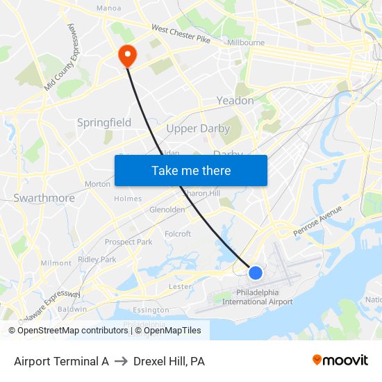 Airport Terminal A to Drexel Hill, PA map