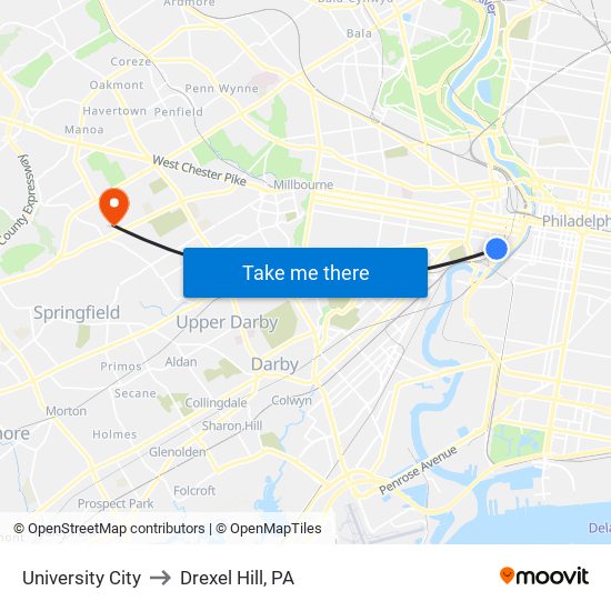 University City to Drexel Hill, PA map