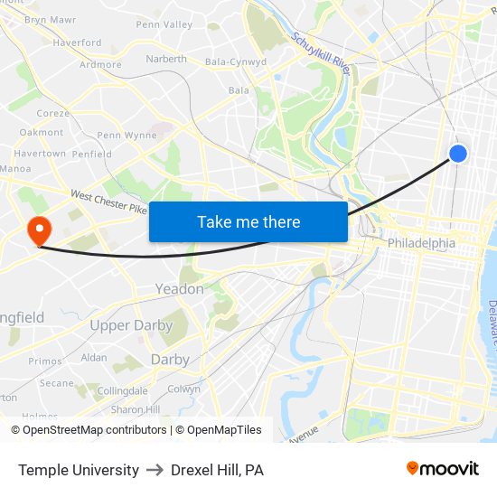Temple University to Drexel Hill, PA map
