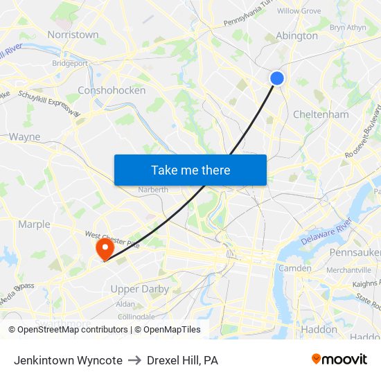 Jenkintown Wyncote to Drexel Hill, PA map