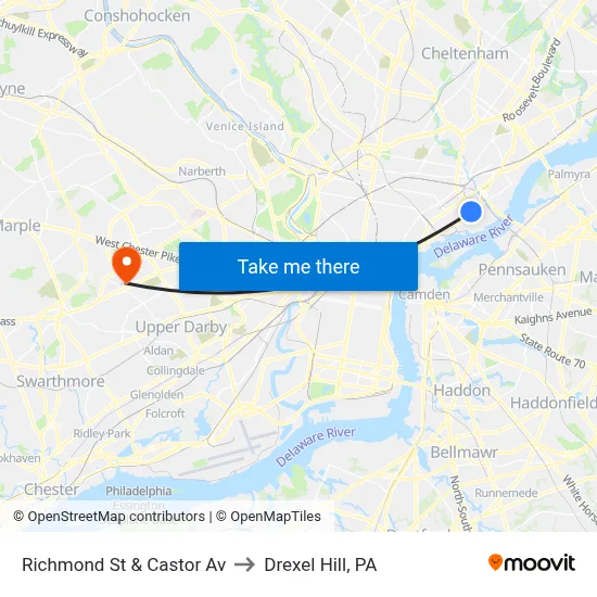 Richmond St & Castor Av to Drexel Hill, PA map