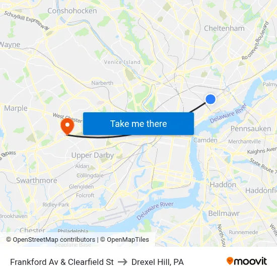 Frankford Av & Clearfield St to Drexel Hill, PA map