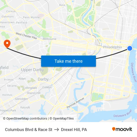 Columbus Blvd & Race St to Drexel Hill, PA map