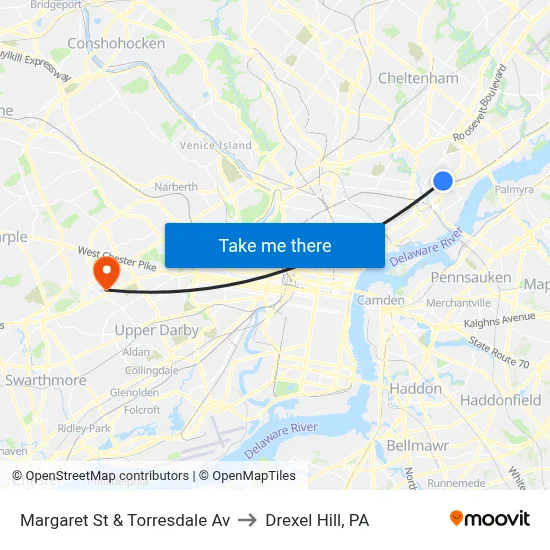 Margaret St & Torresdale Av to Drexel Hill, PA map