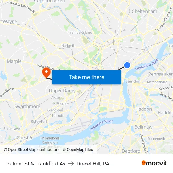 Palmer St & Frankford Av to Drexel Hill, PA map