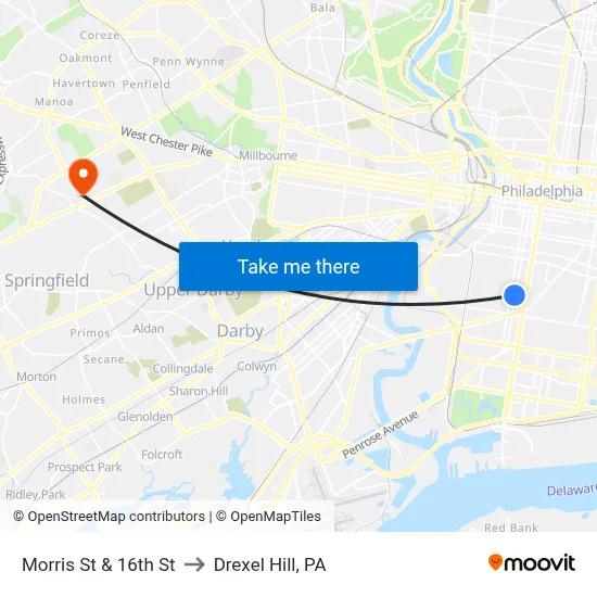 Morris St & 16th St to Drexel Hill, PA map