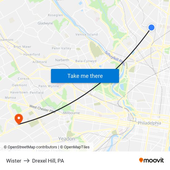 Wister to Drexel Hill, PA map
