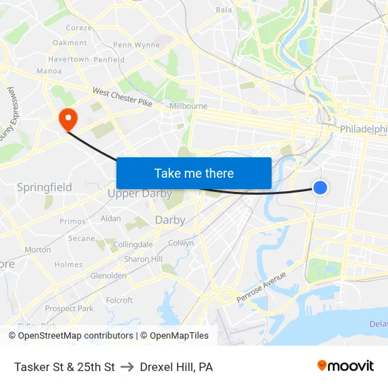 Tasker St & 25th St to Drexel Hill, PA map