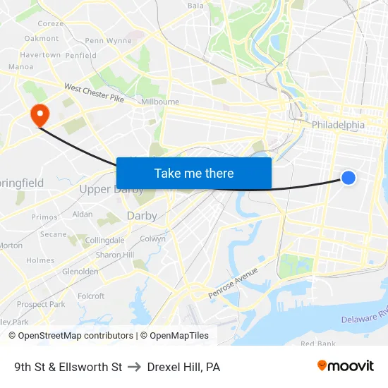 9th St & Ellsworth St to Drexel Hill, PA map
