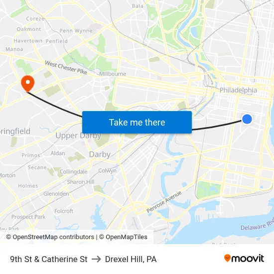 9th St & Catherine St to Drexel Hill, PA map