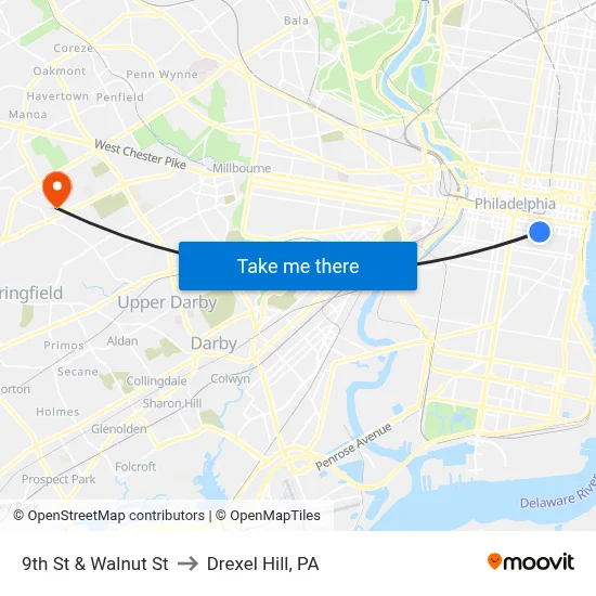 9th St & Walnut St to Drexel Hill, PA map