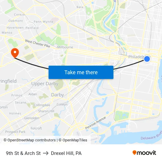 9th St & Arch St to Drexel Hill, PA map