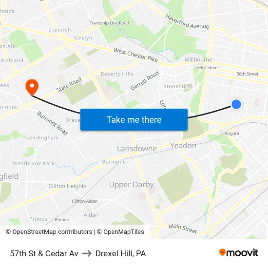57th St & Cedar Av to Drexel Hill, PA map