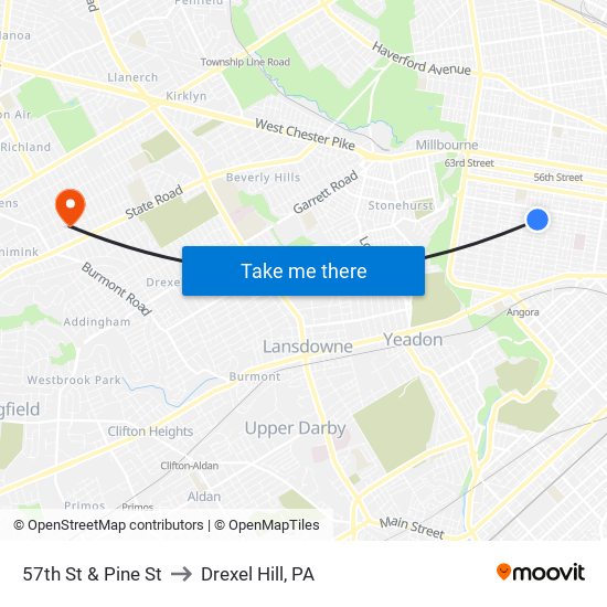 57th St & Pine St to Drexel Hill, PA map