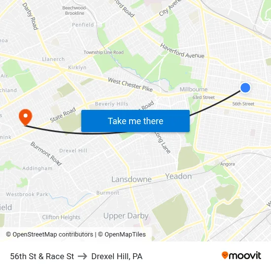 56th St & Race St to Drexel Hill, PA map
