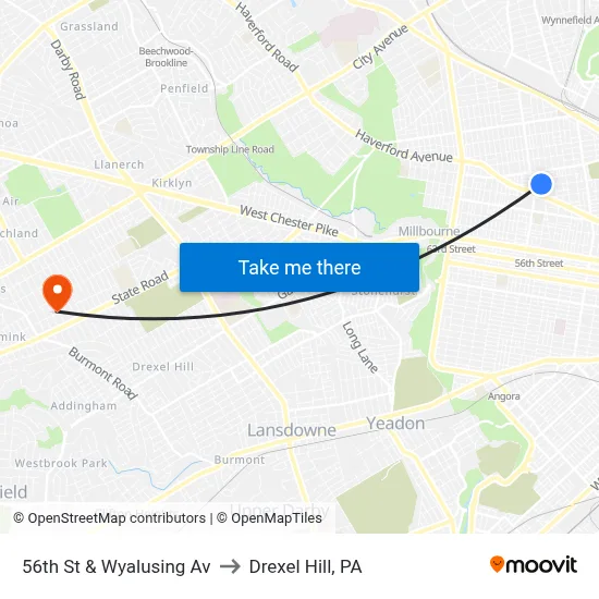 56th St & Wyalusing Av to Drexel Hill, PA map