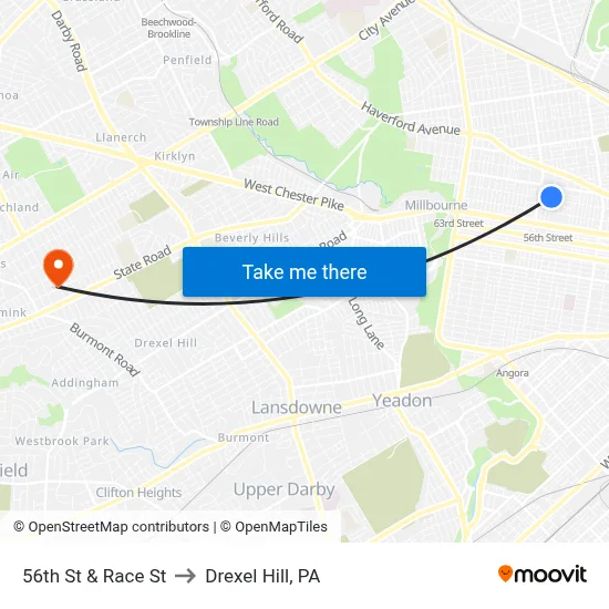 56th St & Race St to Drexel Hill, PA map