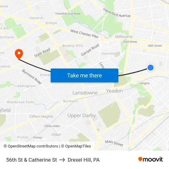 56th St & Catherine St to Drexel Hill, PA map