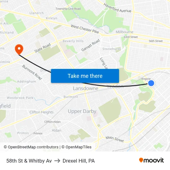 58th St & Whitby Av to Drexel Hill, PA map