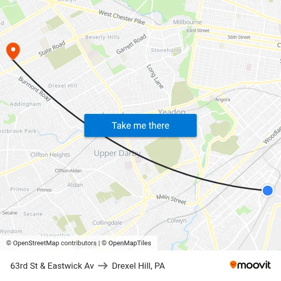 63rd St & Eastwick Av to Drexel Hill, PA map