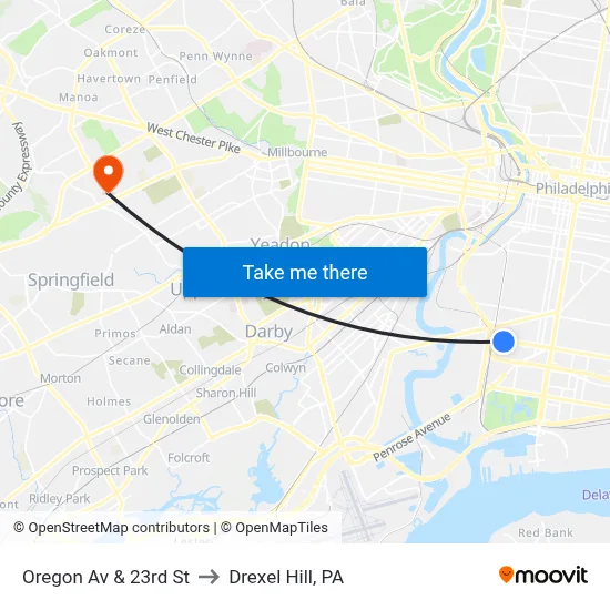 Oregon Av & 23rd St to Drexel Hill, PA map