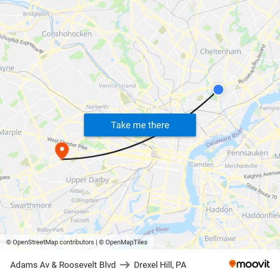 Adams Av & Roosevelt Blvd to Drexel Hill, PA map