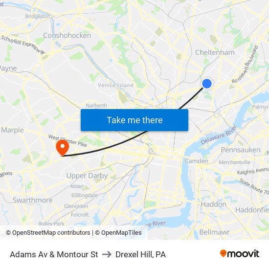 Adams Av & Montour St to Drexel Hill, PA map