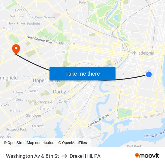 Washington Av & 8th St to Drexel Hill, PA map