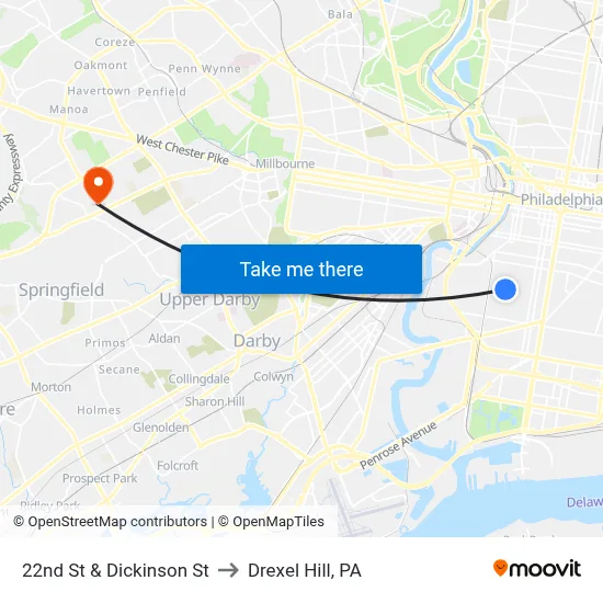 22nd St & Dickinson St to Drexel Hill, PA map