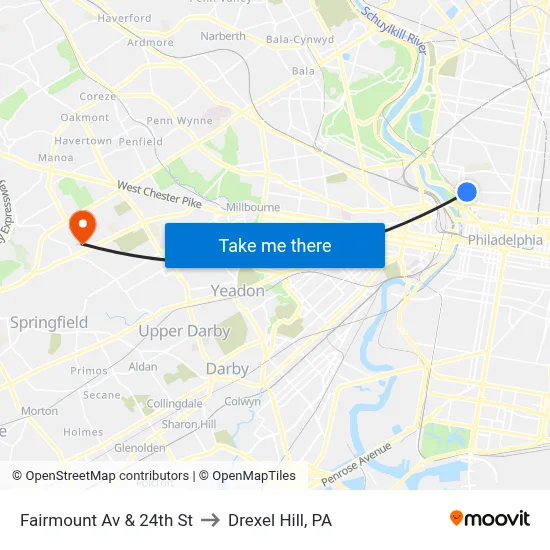Fairmount Av & 24th St to Drexel Hill, PA map