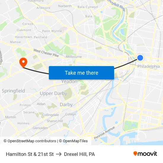 Hamilton St & 21st St to Drexel Hill, PA map