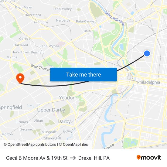 Cecil B Moore Av & 19th St to Drexel Hill, PA map