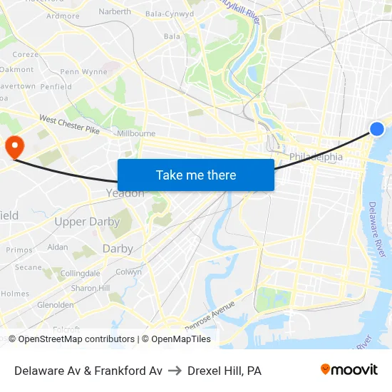 Delaware Av & Frankford Av to Drexel Hill, PA map