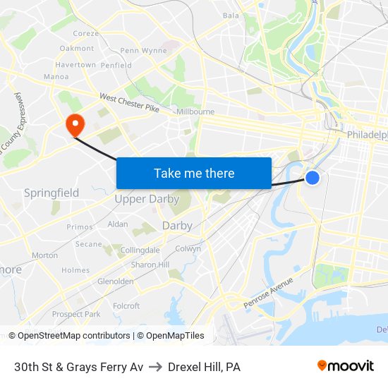 30th St & Grays Ferry Av to Drexel Hill, PA map