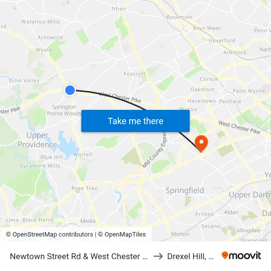 Newtown Street Rd & West Chester Pk to Drexel Hill, PA map
