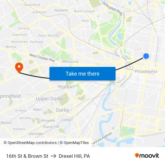 16th St & Brown St to Drexel Hill, PA map