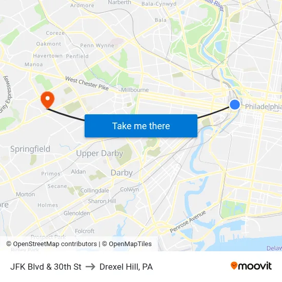 JFK Blvd & 30th St to Drexel Hill, PA map