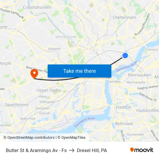 Butler St & Aramingo Av - Fs to Drexel Hill, PA map