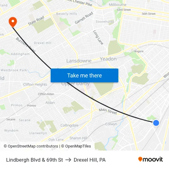 Lindbergh Blvd & 69th St to Drexel Hill, PA map
