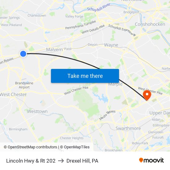 Lincoln Hwy & Rt 202 to Drexel Hill, PA map