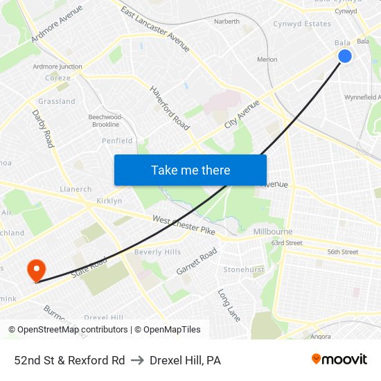 52nd St & Rexford Rd to Drexel Hill, PA map