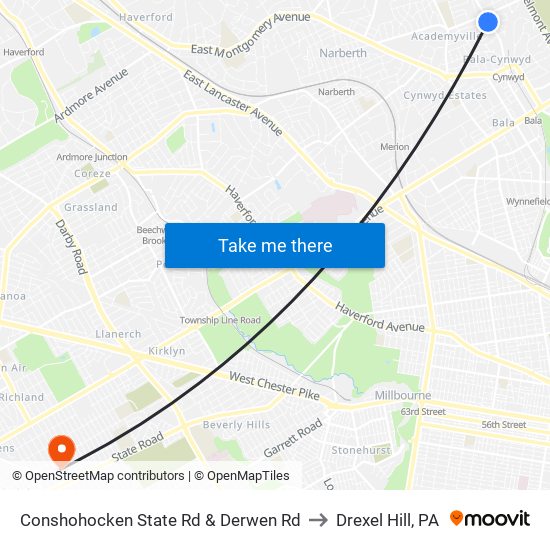 Conshohocken State Rd & Derwen Rd to Drexel Hill, PA map