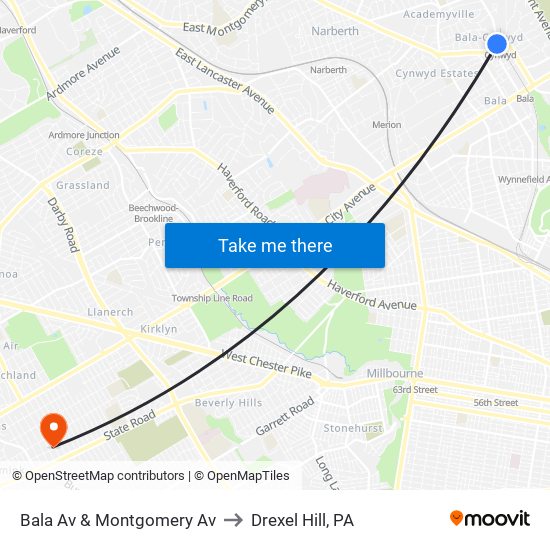 Bala Av & Montgomery Av to Drexel Hill, PA map