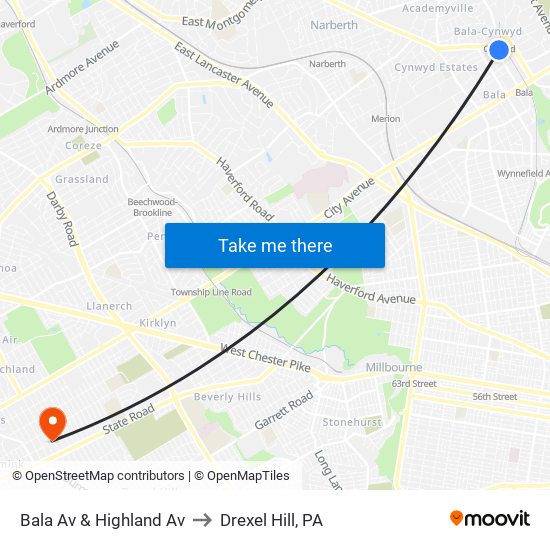 Bala Av & Highland Av to Drexel Hill, PA map