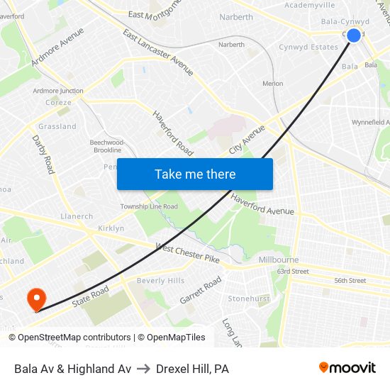 Bala Av & Highland Av to Drexel Hill, PA map