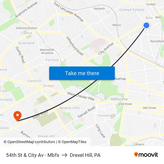 54th St & City Av - Mbfs to Drexel Hill, PA map