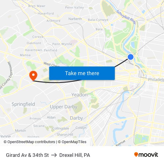 Girard Av & 34th St to Drexel Hill, PA map